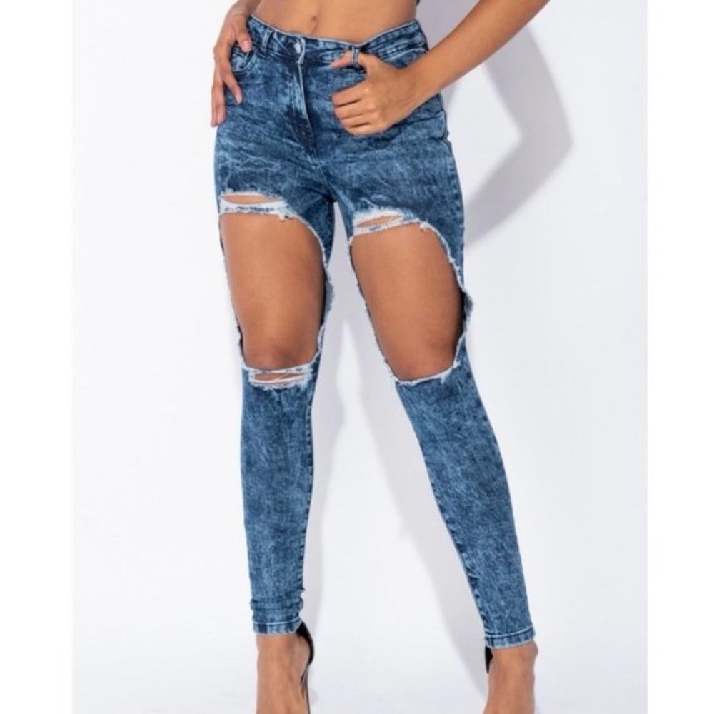 Blue Acid Wash High Waist Ripped Distressed Skinny Jeans Denim Pants - Picture 2 of 10
